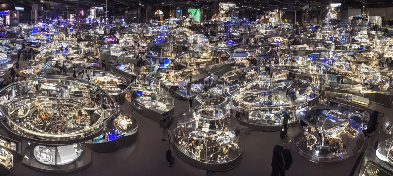 Prompt: A wide view into a showcase full of thousands of tiny mechanical futuristic gadgets, illuminated from top with spolights in a huge room of a futuristic museum