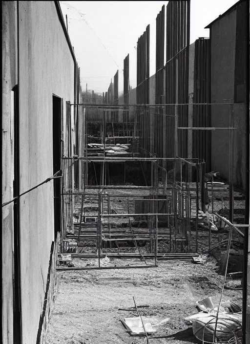 Image similar to a beautiful realistic photo of the construction site, storage outside, street 1 9 9 0, life magazine reportage photo