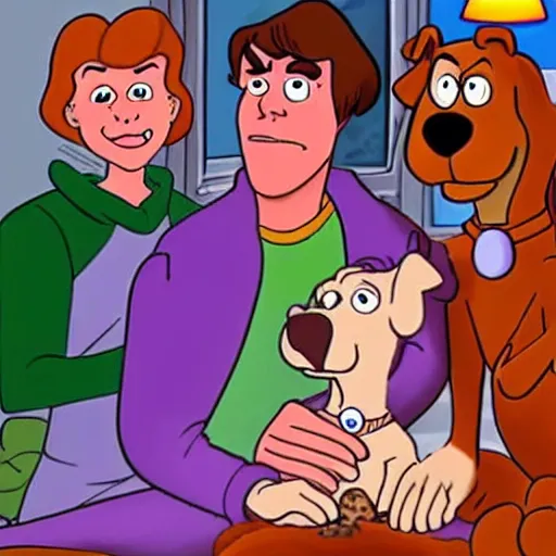 Prompt: scooby - doo on deathbed, freinds and family surround him with love, shaggy holding his paw, hospice, hannah barbera, animated tv show