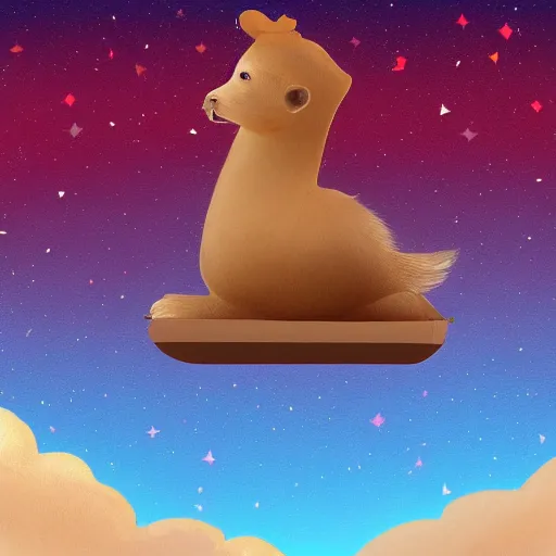 Image similar to digital painting of a boy riding a magical capybara in space