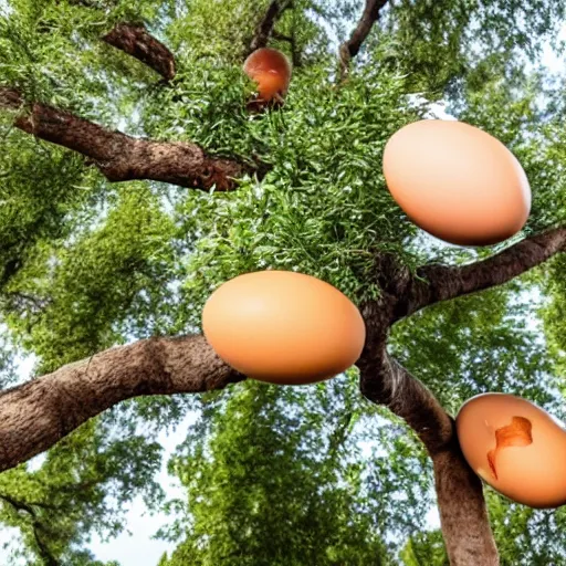 Prompt: a tree full of eggs as fruits