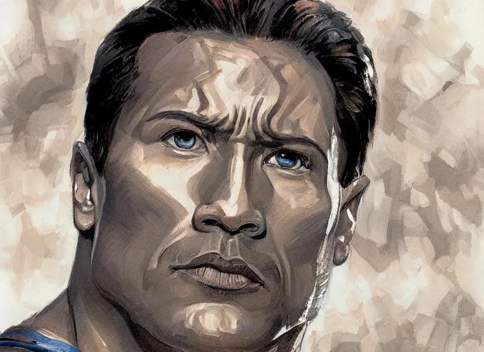 Prompt: a highly detailed beautiful portrait of dwayne johnson as superman, by gregory manchess, james gurney, james jean