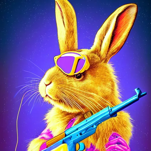 Image similar to portrait of rabbit with UV neon fur holding a machine gun , 8k, highly detailed, sharp, realistic, in style of Lisa Frank, Artstation, deviantart