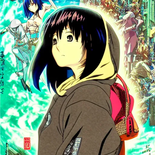 Prompt: anime movie poster, hoody girl side view by koji morimoto and katsuya terada and masamune shirow and tatsuyuki tanaka