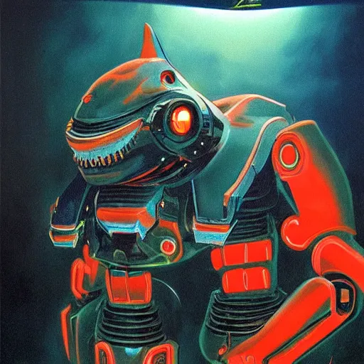 Image similar to a dark and colorful close - up of a sci - fi mecha shark robot with led lights glowing fog in the background. highly detailed science fiction painting by norman rockwell, frank frazetta, and syd mead. rich colors, high contrast, gloomy atmosphere, dark background. trending on artstation