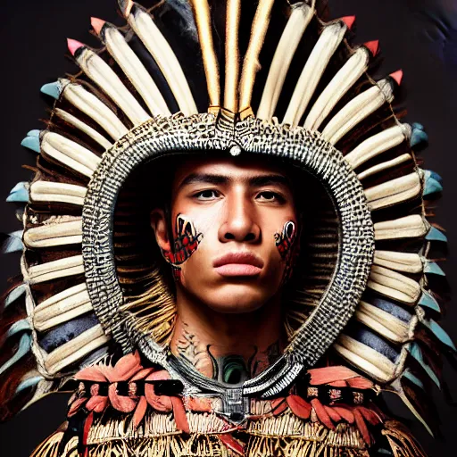 Prompt: a portrait of a beautiful young aztec male wearing an alexander mcqueen armor , photographed by andrew thomas huang, artistic