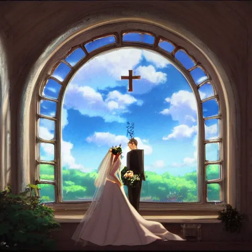 Prompt: a detailed beautiful picture of the window of the church, a bride and a groom, sky, flower, by makoto shinkai, - w 7 6 8