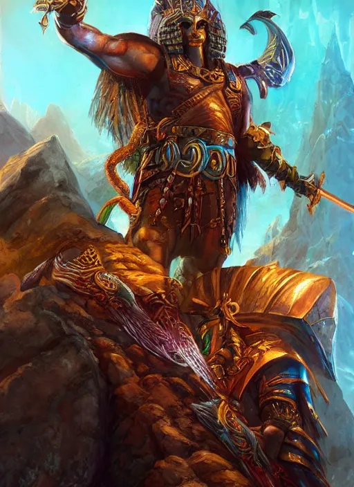 Image similar to horus ultra detailed fantasy, dndbeyond, bright, colourful, realistic, dnd character portrait, full body, pathfinder, pinterest, art by ralph horsley, dnd, rpg, lotr game design fanart by concept art, behance hd, artstation, deviantart, hdr render in unreal engine 5