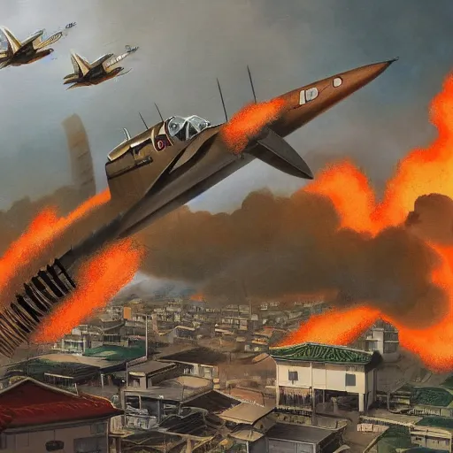 Prompt: chinese atomic bomb destroys japan, 2 planes crashing high building, japanese surrender, trending to artstation