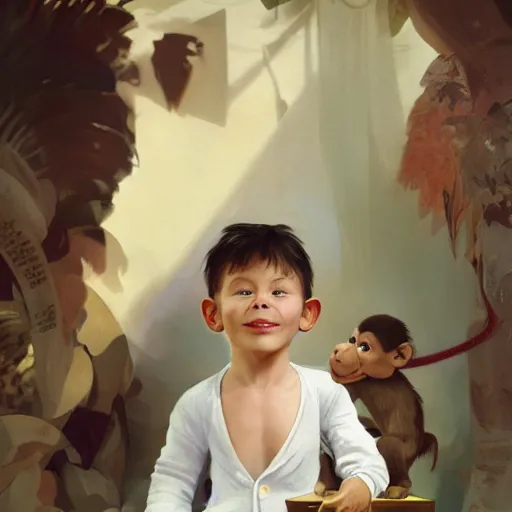 Image similar to young boy wearing white fabric pajama with cartoon paintings on it standing infront of a small furry smiling monkey. highly detailed, digital painting, artstation, concept art, smooth and sharp focus, cg by tian zi and wlop and alphonse mucha