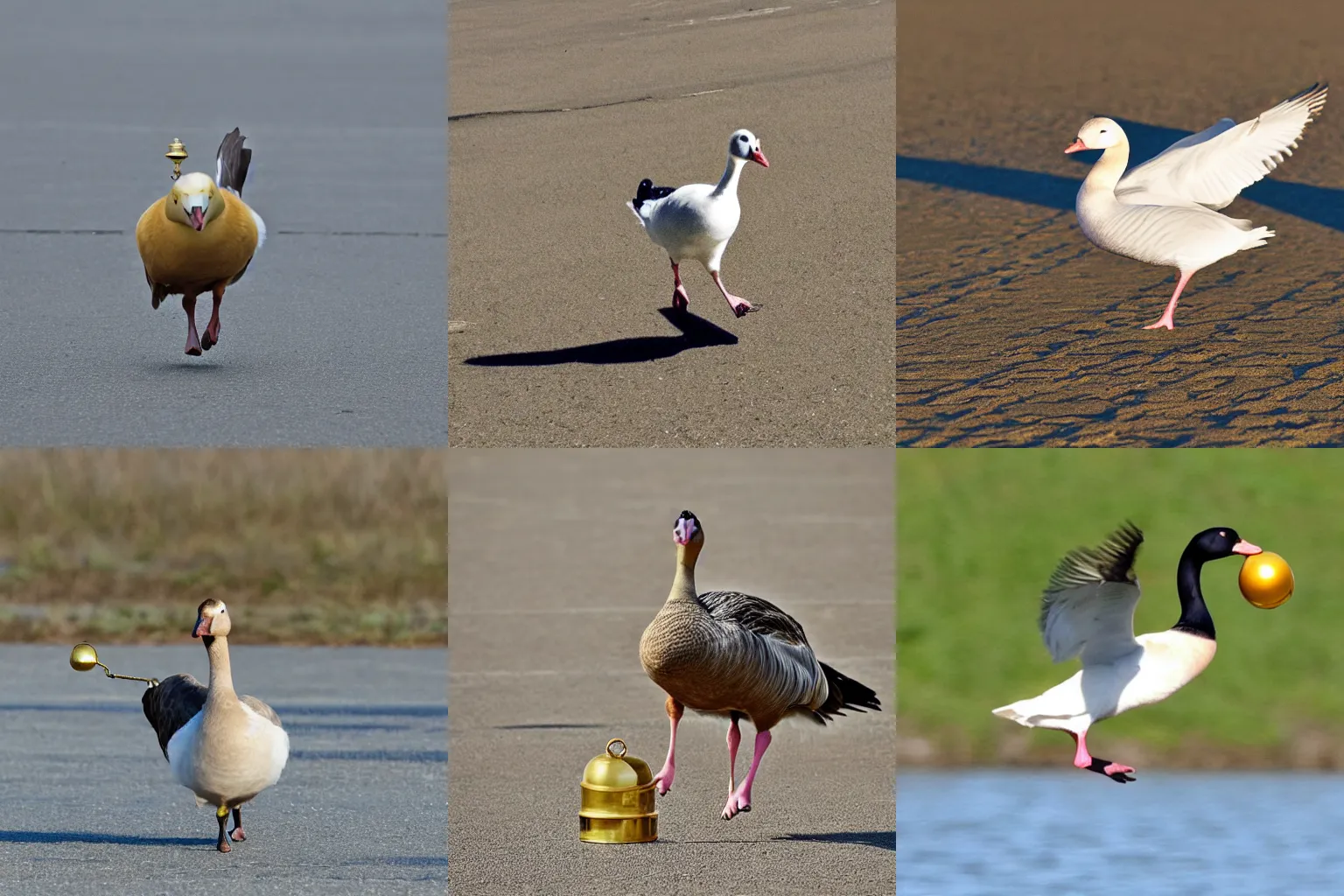 Prompt: a running goose carrying a golden bell in its beak