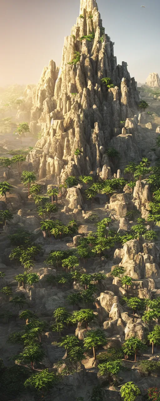 Image similar to single tower, golden babylon tower, beight stone, sacred ancient architecture, hanging gardens, cascading highrise, arid mountains with lush palm forest, sunlight, post - production, octane, cgi, sfx