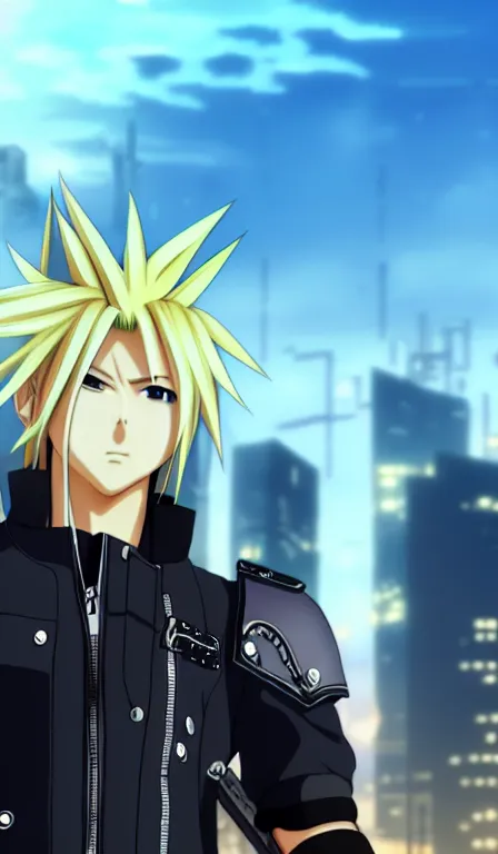 Image similar to anime fine details portrait of Cloud Strife in front of cyberpunk moder city landscape on the background deep bokeh, close-up view, anime masterpiece by Studio Ghibli. 8k, sharp high quality anime, artstation