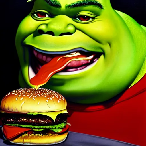 Image similar to prompt : shrek eating burger portrait soft light painted by james jean and katsuhiro otomo and erik jones, inspired by akira anime, smooth face feature, intricate oil painting, high detail illustration, sharp high detail, manga and anime 1 9 9 9