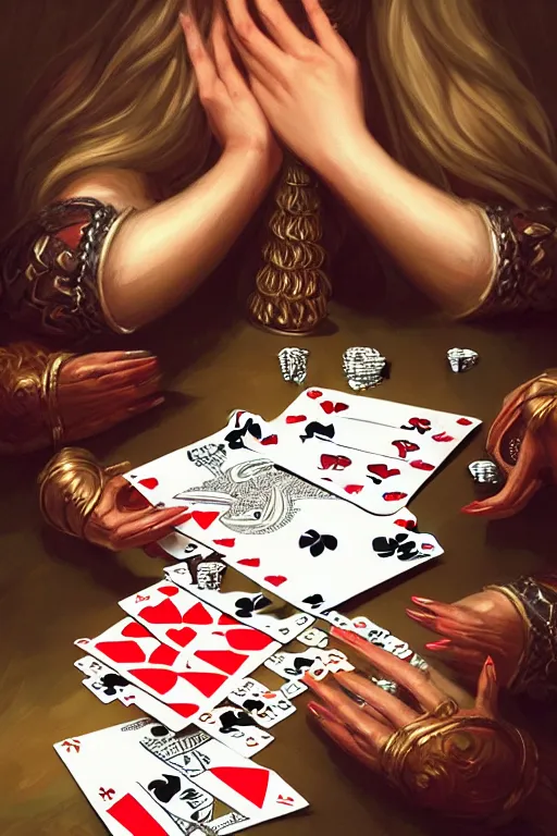 Image similar to firts person view of female hands looking at the table full of playing cards, fantasy, intricate, elegant, highly detailed, digital painting, artstation, concept art, addiction, chains, smooth, sharp focus, illustration, art by ilja repin