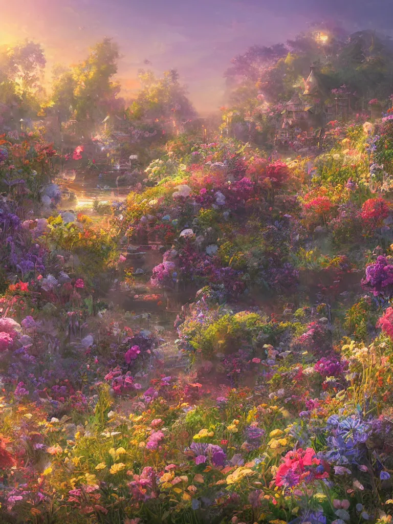 Prompt: a dream flower garden near a seaside harbor environment where one draws mystical energy into their lives, background art, pristine concept art, small, medium and large design elements, golden hour, in the style of WLOP and Ross Tran