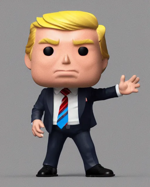 Image similar to full body 3d render of funko pop donald trump as a funko pop, studio lighting, white background, blender, trending on artstation, 8k, highly detailed