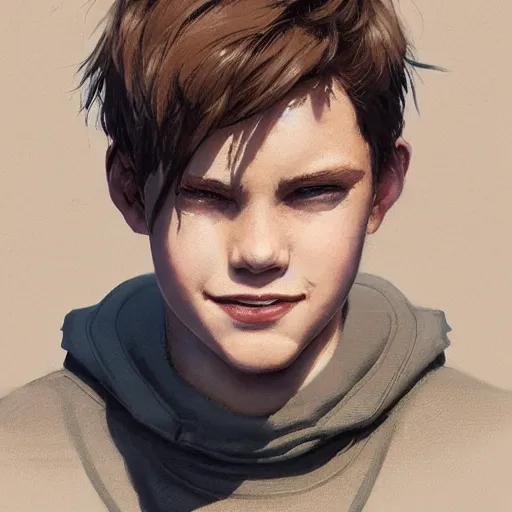 Image similar to portrait of a very masculine teenage girl with blue eyes and brown hair, short men's haircut, smiling, wearing an oversized sweater, dramatic lighting, illustration by Greg rutkowski, yoji shinkawa, 4k, digital art, concept art, trending on artstation