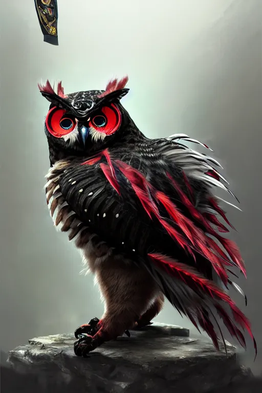 Image similar to Tekken 4 fighter anime Stunning Portrait Robot Owl with feathers all over its body, he salutes to the owl flag, short black feathers with a samurai sword on its back, in a saluting stance, digital painting, artstation, concept art, soft light, hdri, smooth, sharp focus, illustration, art by tian zi, craig mullins, Mark Arian, WLOP, alphonse mucha