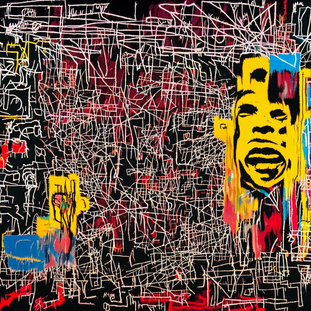 Image similar to punk rock cover, multilayer glitch effect in spatial perceptron synapses, matte painting, 4 k, epic composition, volumetric light, abstract illusionism, by jean - michel basquiat
