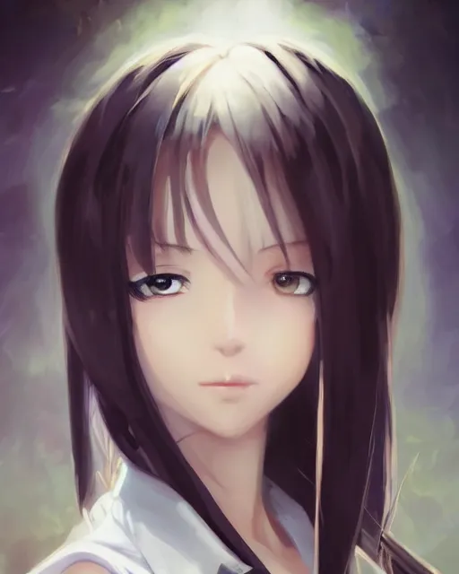 Image similar to An anime portrait of a beautiful girl with long black hair wearing a white blouse, by Stanley Artgerm Lau, WLOP, Rossdraws, James Jean, Andrei Riabovitchev, Marc Simonetti, and Sakimichan, tranding on artstation