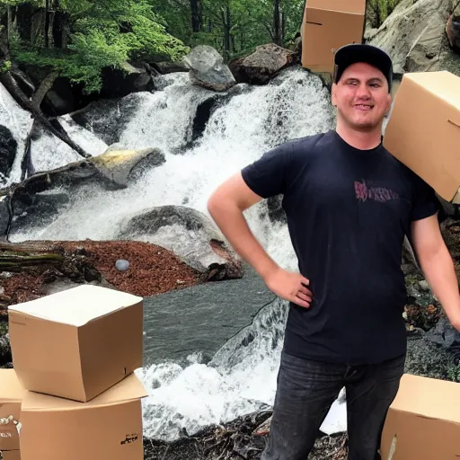 Image similar to mrbeast with everythingapplepro standing near a waterfall with two piles of boxes of iphones near them
