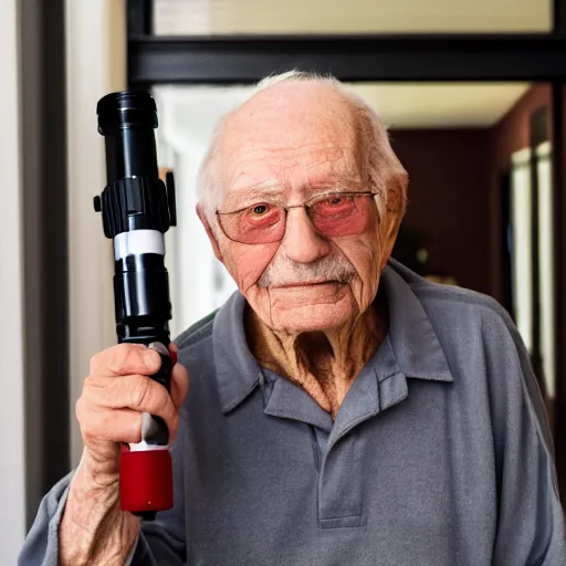 Image similar to elderly man with lightsaber, nursing home, canon eos r 3, f / 1. 4, iso 2 0 0, 1 / 1 6 0 s, 8 k, raw, unedited, symmetrical balance, wide angle