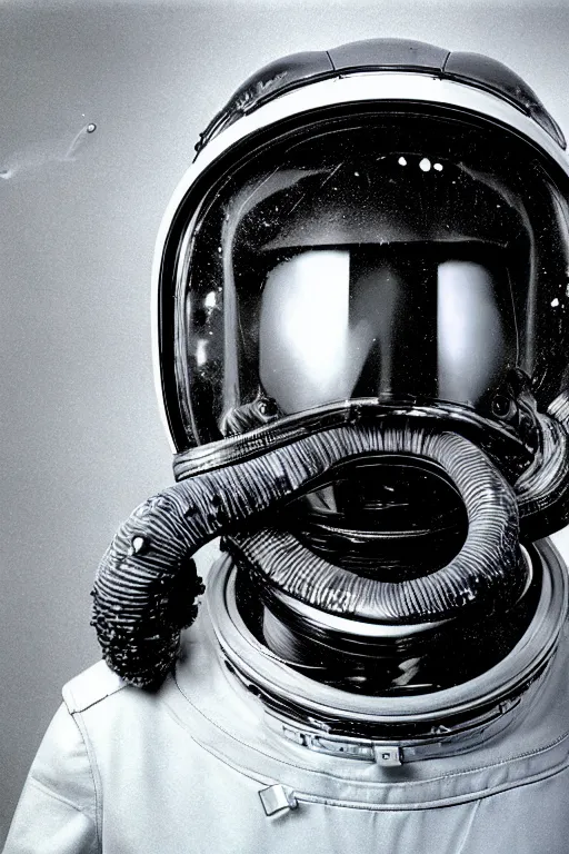 Prompt: extremely detailed studio portrait of space astronaut, alien tentacle protruding from eyes and mouth, slimy tentacle breaking through helmet visor, shattered visor, full body, soft light, plain studio background, disturbing, shocking realization, award winning photo by richard avedon