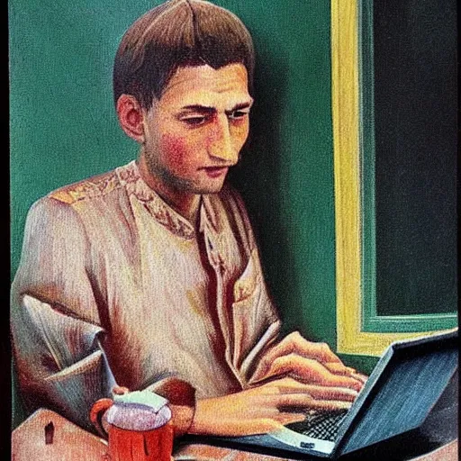 Image similar to detailed intricate soviet realism painting of webdesigner with laptop, heroic, beautiful