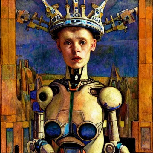 Image similar to the robot wearing her bone crown, by Annie Swynnerton and Diego Rivera , symbolist, dramatic lighting, elaborate geometric ornament, Art Brut, god rays, soft cool colors,smooth, sharp focus, extremely detailed, Adolf Wölfli and (Donato Giancola)