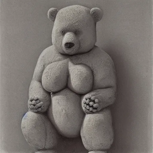 Image similar to a portrait of a teddy bear as venus of willendorf fertility statue, body horror, by gerard brom, zdzisław beksinski and ansel adams