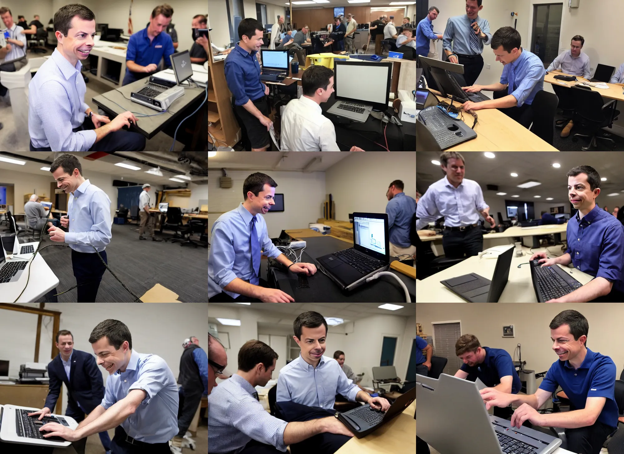 Prompt: pete buttigieg using a computer and looking smug while sweaty men try to patch network cables in the background