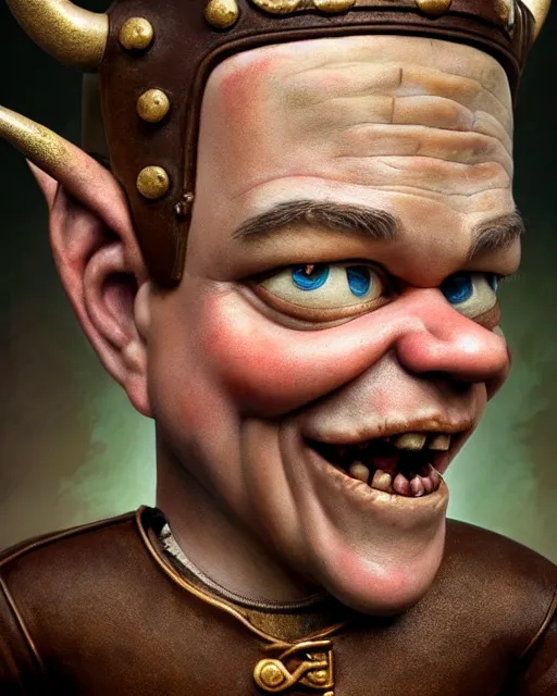 Image similar to highly detailed closeup, face profile portrait of a tin toy matt damon as a medieval demon with horns eating cakes in a castle, hyper realistic, artstation, illustration, nicoletta ceccoli, mark ryden, lostfish, dan decarlo, bob clampett, max fleischer, digital paint, matte paint, vivid colors, detailed and intricate environment