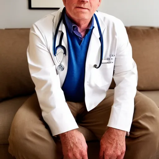 Image similar to full body artistic photo of steve, mature male, wise face. he is a doctor. he is sitting gracefully on a sofa, elegant tight beige shirt. he has enormous belly