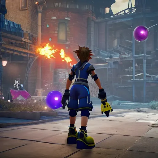 Image similar to Kingdom Hearts 3 as a First Person Shooter game with a HUD, Fallout 4 inspired screenshot of kingdom hearts 3, unreal engine 4, stunning visuals with rtx on, trending on artstation, Disney Square Enix and Fortnite Crossover