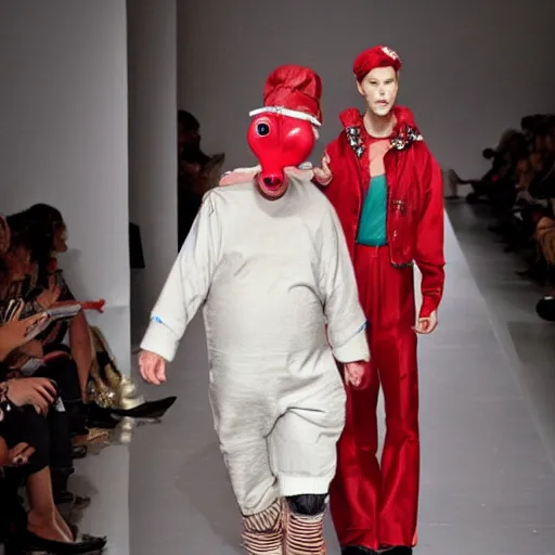 Image similar to slug, slug wearing clothes, vivian westwood, slug with teeth, runway model