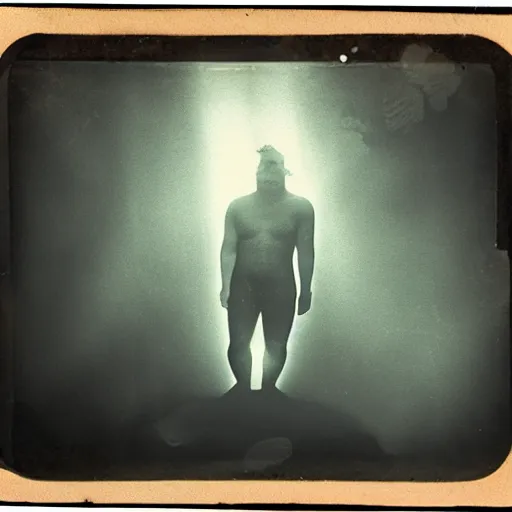 Prompt: tintype photo, volumetric light rays, underwater, Bigfoot swimming