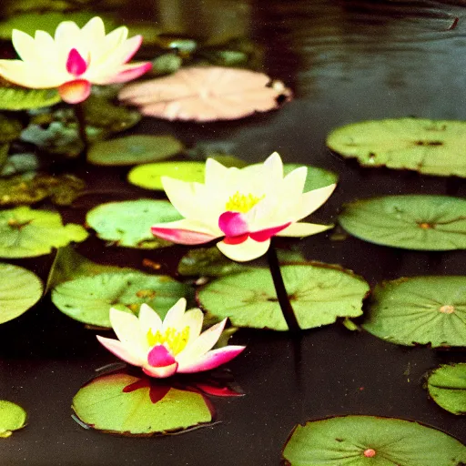 Image similar to 35mm photograph, kodachrome 160, beautiful Baroque rococo detailed Canon DSLR from 1800s, lotus blossom reflected in still water, bokeh,