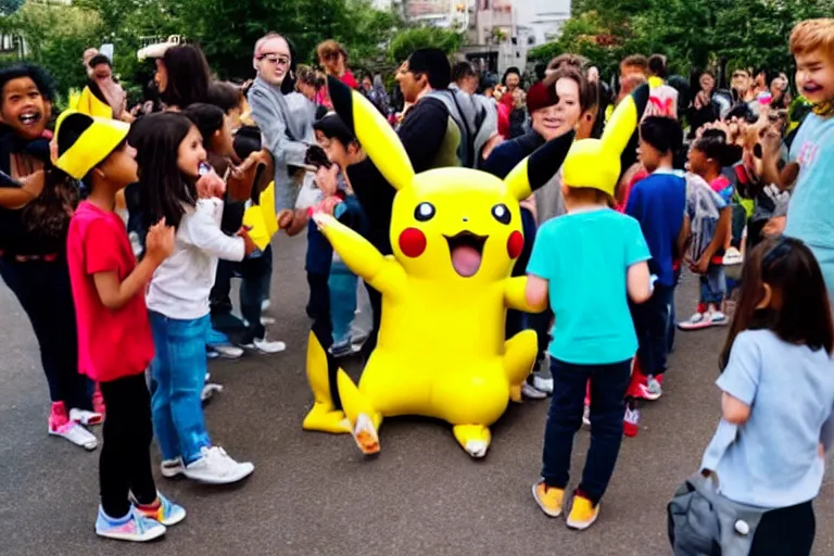 Image similar to a group of children are crowded around a life size pikachu and they looking directly it and they are laughing at it