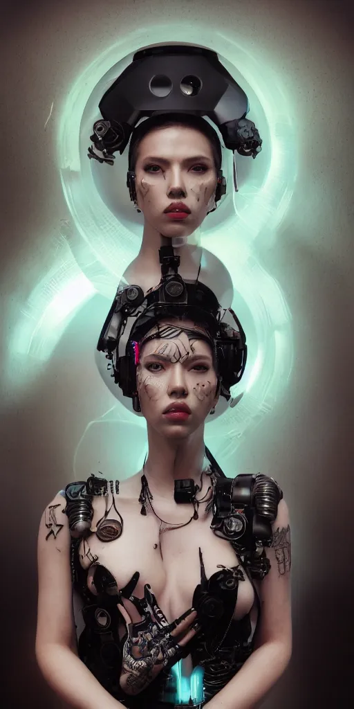 Image similar to hyperrealistic futuristic high fashion photography, girl in studio, full body, cybernetic parts, asian, scarlett johansson, vogue magazine, nomad masterpiece, nano parts, neon lights, smoke, eerie music, beautiful intricate face and flawless skin, tribal jewelry, tattoos, perfect hands, head piece, by Edgar Maxence and Ross Tran and Michael Whelan, 8k, octane render