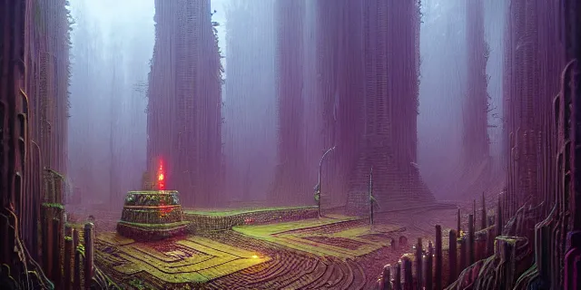 Image similar to painting of redwood forest labyrinth consuming cyberpunk metropolis in the style of nebulapunk by dan seagrave and tomasz alen kopera with futuristic castle by simon stahlenhag