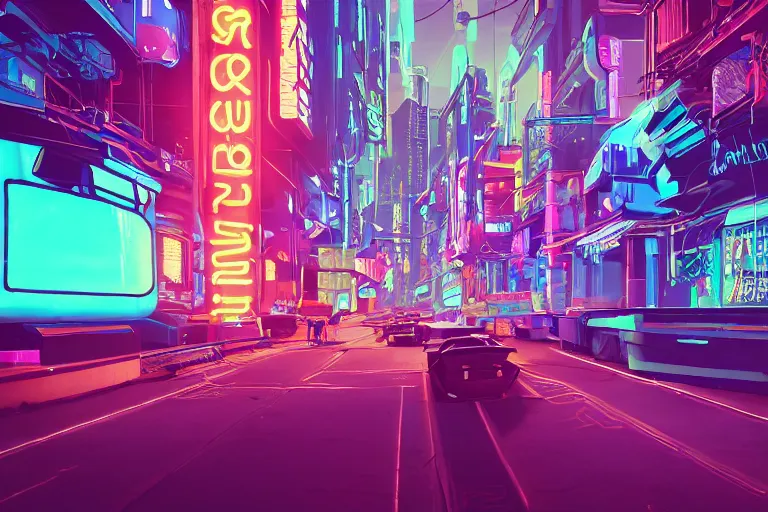 Image similar to a dreamlike cyberpunk city sit in the very far future, neon signs, shops and bars, floating buildings, glowing neons, synthwave, slightly abstract, rich deep colors, 4 k, realistic photography, flying cars in the distance, robot humanoids, anthropomorphic vehicles, fantasy setting, brilliant dreamy lighting, 8 0 s vibe, morning, blue sun