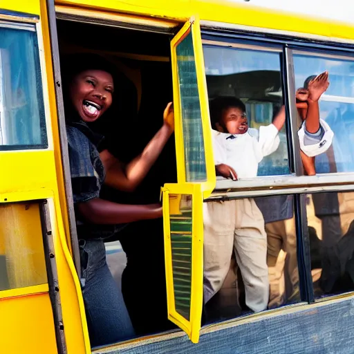 Prompt: African-American school bus driver smiling and waving at children as they exit a yellow school.