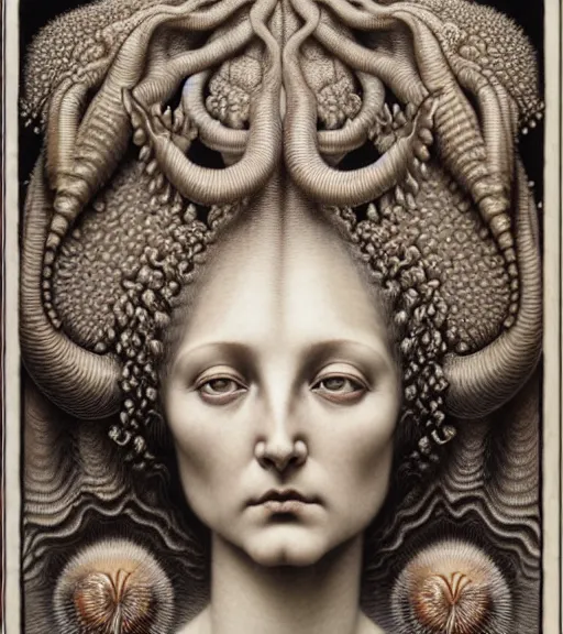 Image similar to detailed realistic beautiful whelk goddess face portrait by jean delville, gustave dore, iris van herpen and marco mazzoni, art forms of nature by ernst haeckel, art nouveau, symbolist, visionary, gothic, neo - gothic, pre - raphaelite, fractal lace, intricate alien botanicals, ai biodiversity, surreality, hyperdetailed ultrasharp octane render