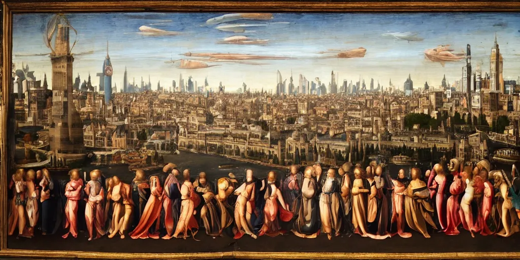 Image similar to highly detailed renaissance painting of London Skyline