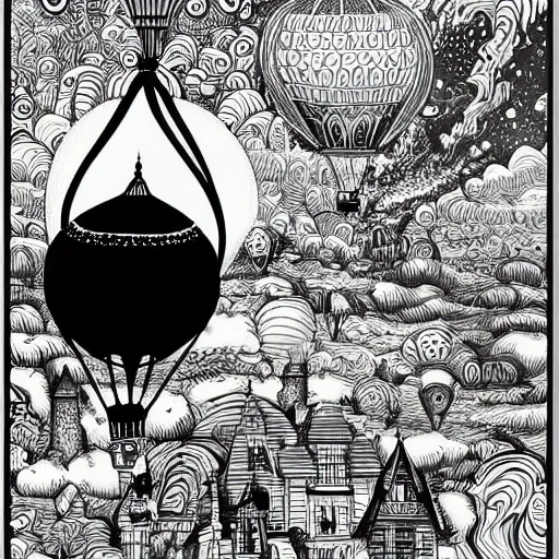 Prompt: a small victorian air balloon over a fantasy landscape, line art illustration by joe fenton , black and white, intricate details