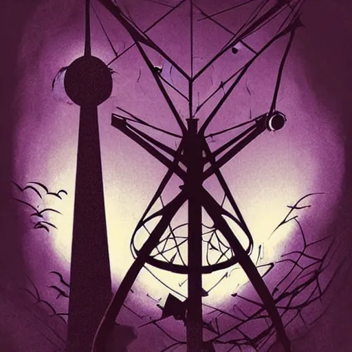 Prompt: artgerm, norman rockwell, abigail larson, purple color pallete, welcome to night vale, radio tower with black hole above it, spooky strange weird quirky