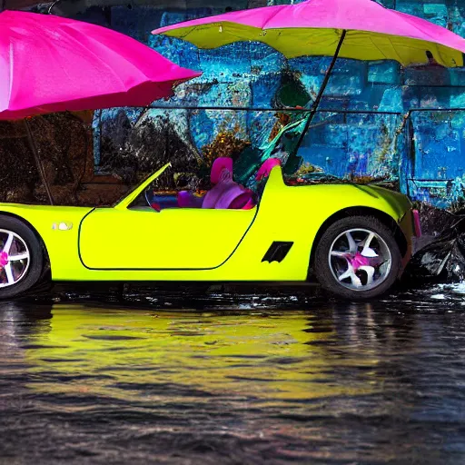 Image similar to professional high quality wide - angle image of a colorful sports car from the year 2 0 7 7. the car is badly damaged and crashed halfway headlong into the water at the stevedoring port. ( 2 0 7 7 kodachrome panavision ). the weather is very pretty. imax 7 0 mm, wide - angle.