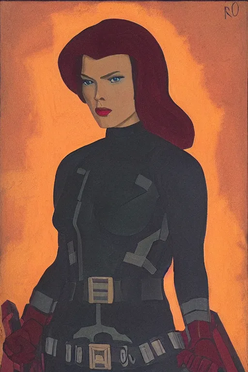 Image similar to black widow ( natasha romanova ), marvel, artwork by nicholas roerich,