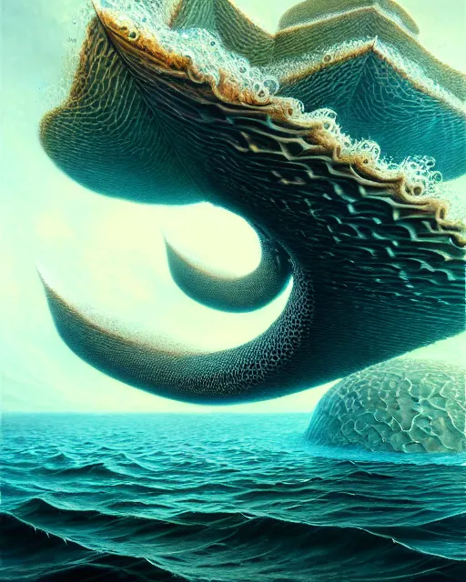 Image similar to a hyper - detailed 3 d render of aquatic animals of the cresting waves, surrealism!!!!! surreal concept art, lifelike, photorealistic, digital painting, aesthetic, smooth, sharp focus, artstation hd, by greg rutkowski, klimt and nixeu and ian sprigger and wlop and krenz cushart,